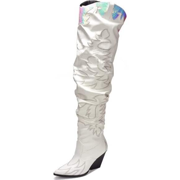 Women White Fabric Thigh High Over The Knee Pointed Toe Chunky Heel Fashion Boot - Picture 1 of 2
